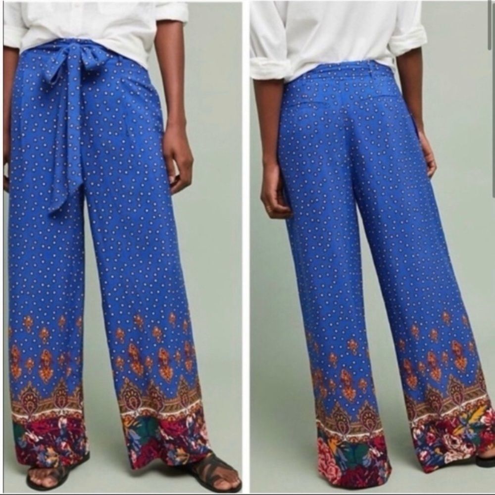 Ett:Twa Anthropologie Indigo Blue Boho Floral Wide Leg Pants NWT
